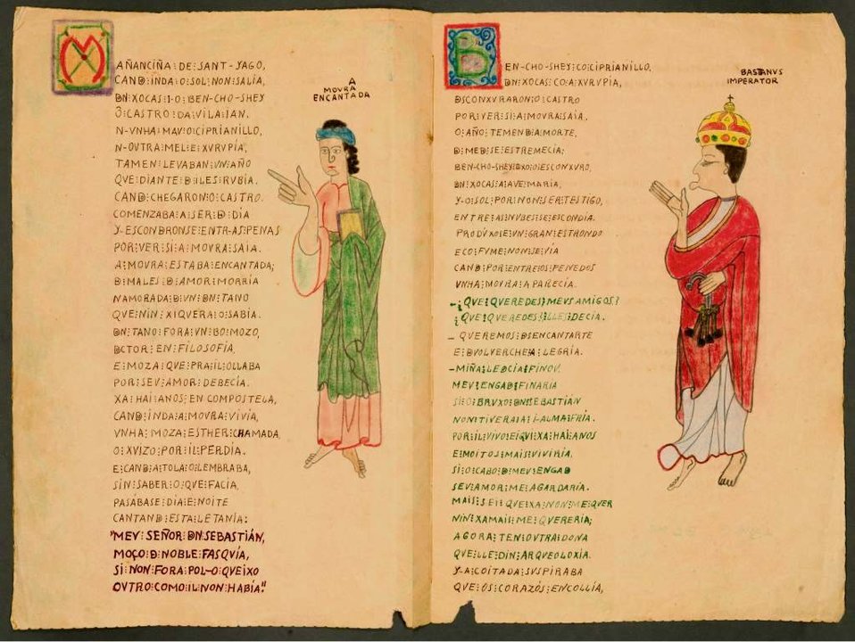 Dúas páxinas de 'Tibi Bastianus Imperator Peruensi'.