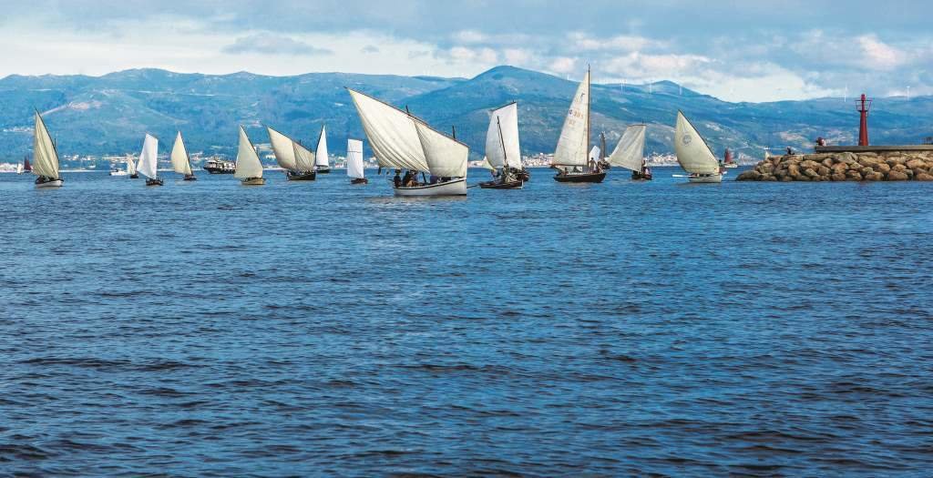Embarcacións arboradas navegan na ría de Muros durante a celebración do IX Encontro de Embarcacións tradicionais en xullo de 2009. (Foto: Xan G. Muras)