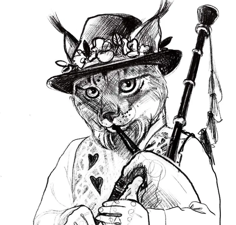 Na dereita, Lince co traxe e gaita mirandesa. Portugal investiu varios mill&oacute;ns de euros en salvar e reintroducir o lince ib&eacute;rico. Os mirandeses gustar&iacute;an de ser tratados como linces. (Debuxo de Ana Afonso)