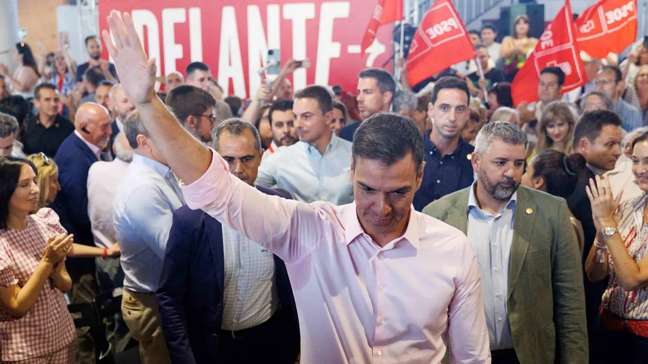 O presidente do Estado espa&ntilde;ol, Pedro S&aacute;nchez, esta quinta feira nun mitin en Madrid (Foto: Eduardo Parra / Europa Press).