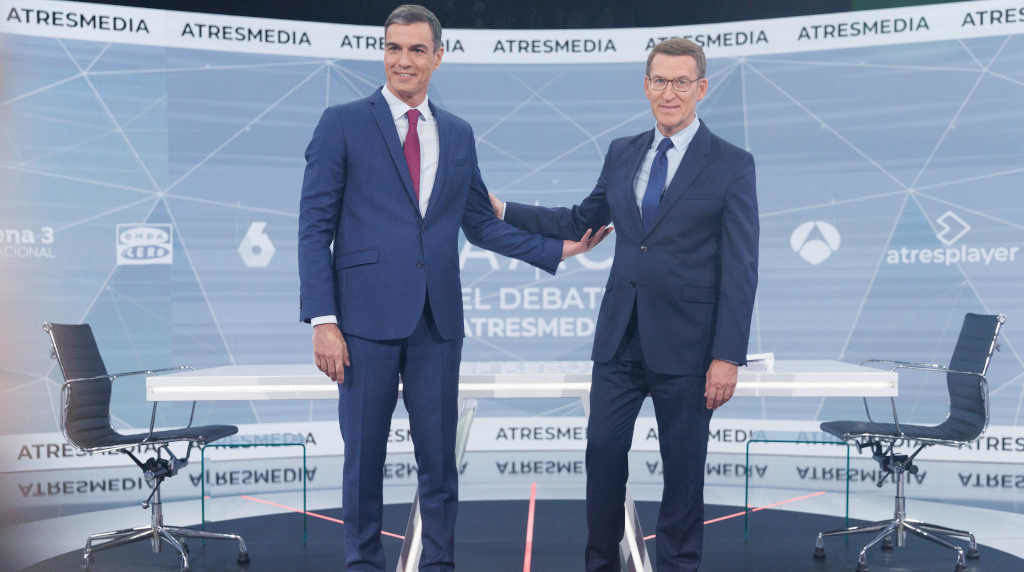 Pedro Sánchez e Alberto Núñez Feixoo esta segunda feira antes do debate electoral (Foto: Eduardo Parra / Europa Press).