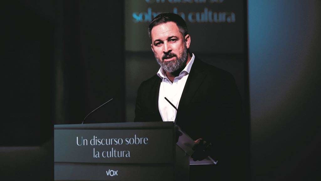 O líder de Vox, Santiago Abascal, durante un discurso sobre a situación da cultura no Estado español. (Foto: Gustavo Valiente / Europa Press)