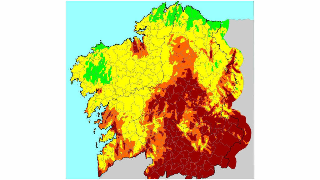 Zonas de risco de incendios na Galiza esta cuarta feira (Foto: Xunta da Galiza).