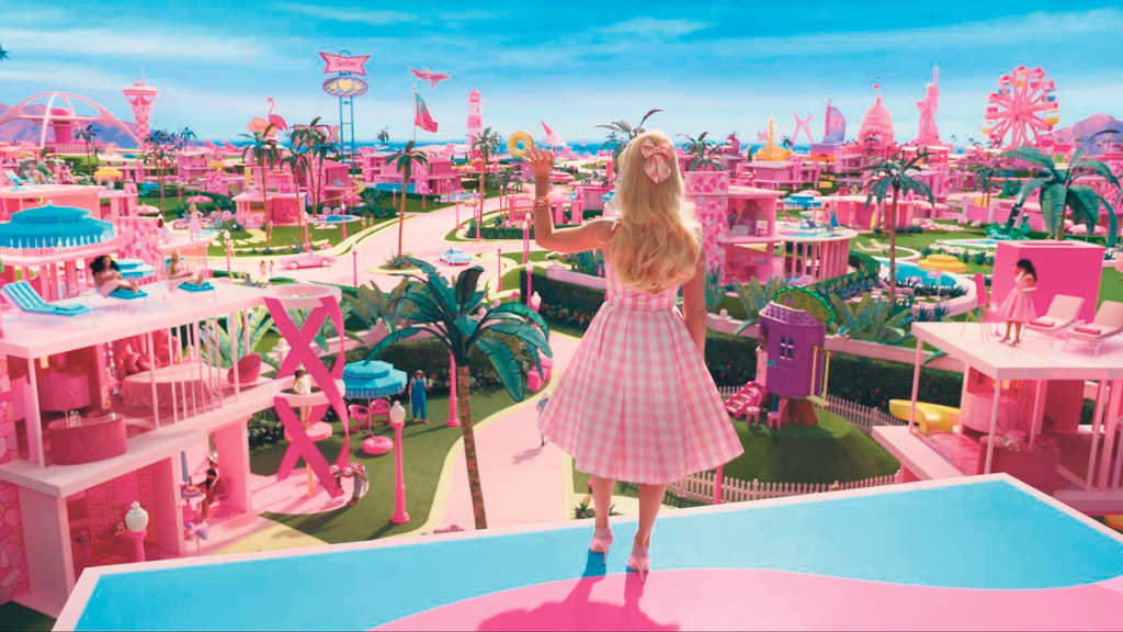 Barbie ollando o horizonte de Barbieland.