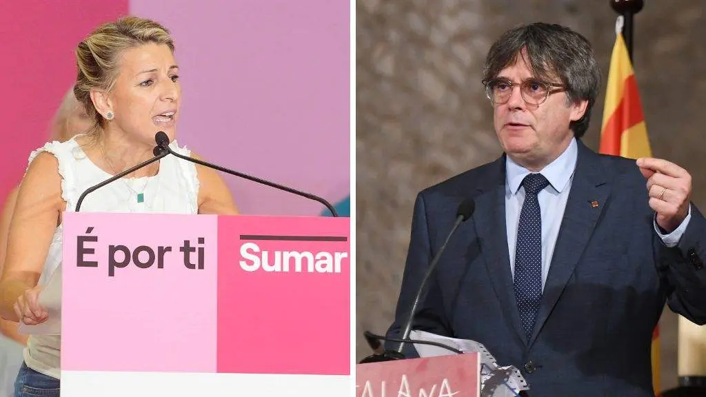 &Aacute; esquerda, Yolanda D&iacute;az, nun acto de campa&ntilde;a en Vigo; &aacute; dereita, Carles Puigdemont, na recente homenaxe ao m&uacute;sico Pau Casals en Francia. (Fotos: Europa Press)