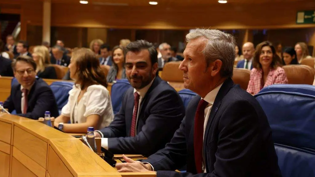 O vicepresidente primeiro da Xunta, Diego Calvo, e o presidente, Alfonso Rueda, hoxe, no Parlamento. (Foto: Arxina)