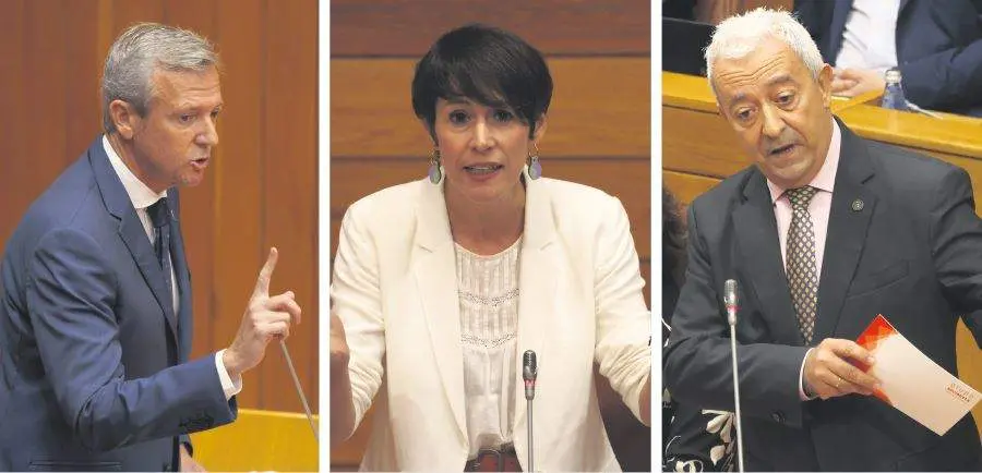Alfonso Rueda, Ana Pont&oacute;n e Lu&iacute;s &Aacute;lvarez, durante a sesi&oacute;n de control ao presidente desta cuarta feira no Parlamento galego. (Fotos: Arxina)