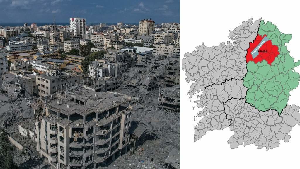 Á esquerda, unha vista aérea de Gaza após os bombardeos dos últimos días; á dereita, un mapa no que se sobrepón a extensión deste territorio palestino sobre o concello de Vilalba. (Foto: Mohammed Talatene / DPA via Europa Press)