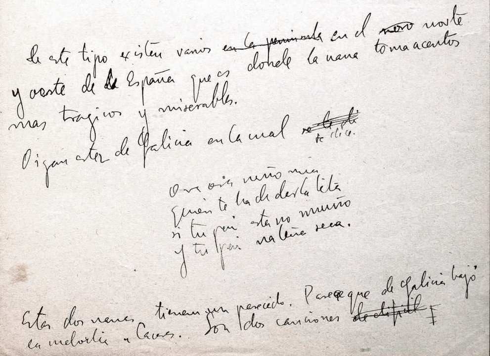 Manuscrito da conferencia de Lorca cos versos en galego do arrolo.