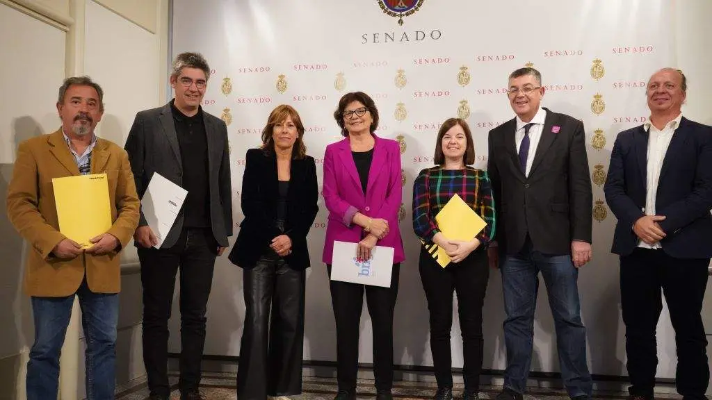 Representantes das formaci&oacute;ns pol&iacute;ticas impulsoras da norma. No centro, a senadora do BNG, Carme da Silva. (Foto: N&oacute;s Diario)