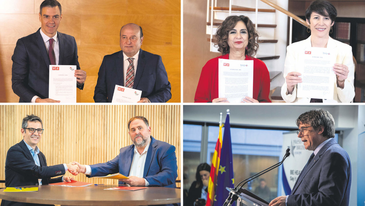 De esquerda a dereita e de arriba a abaixo: Sánchez (PSOE) e Ortuzar (PNV), Montero (PSOE) e Pontón (BNG), Bolaños (PSOE) e Junqueras (ERC), e Puigdemont (Junts).