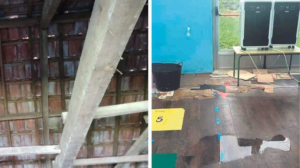 &Aacute; esquerda, estado do tellado do CRA Picara&ntilde;a de Ponteareas; &aacute; dereita, aula anegada no CEIP Pluriling&uuml;e A. Rodr&iacute;guez Cadarso, en Noia. (Fotos: N&oacute;s Diario)