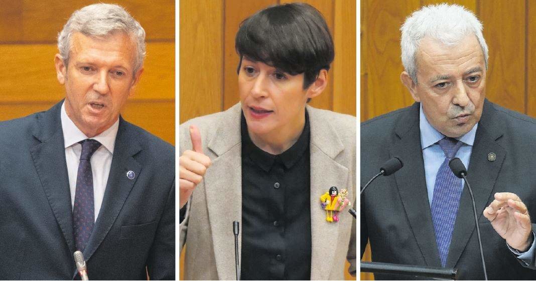 O presidente da Xunta, Alfonso Rueda, a portavoz do BNG, Ana Pontón; e do PSdeG, Luís Álvarez, hoxe. (Fotos: Nós Diario)