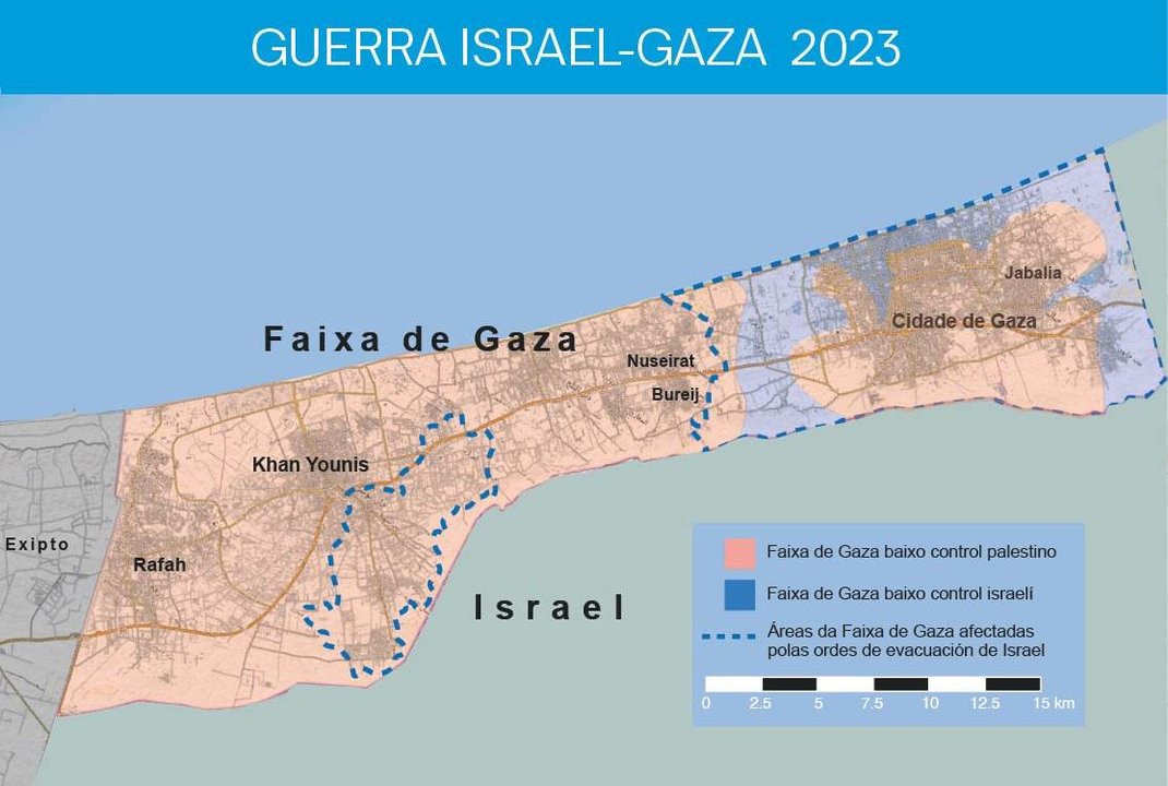 Mapa de Gaza cos territorios controlados polas tropas de Israel e os combatentes palestinos. (Imaxe: Nós Diario)