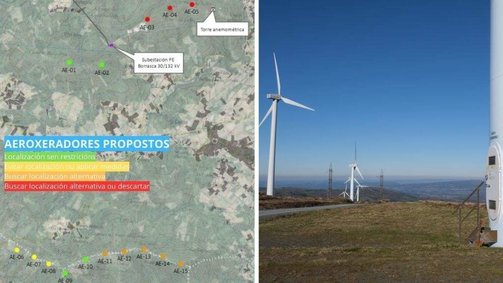 Aeroxeradores previstos no proxecto do parque eólico Borrasca, de Greenalia.
