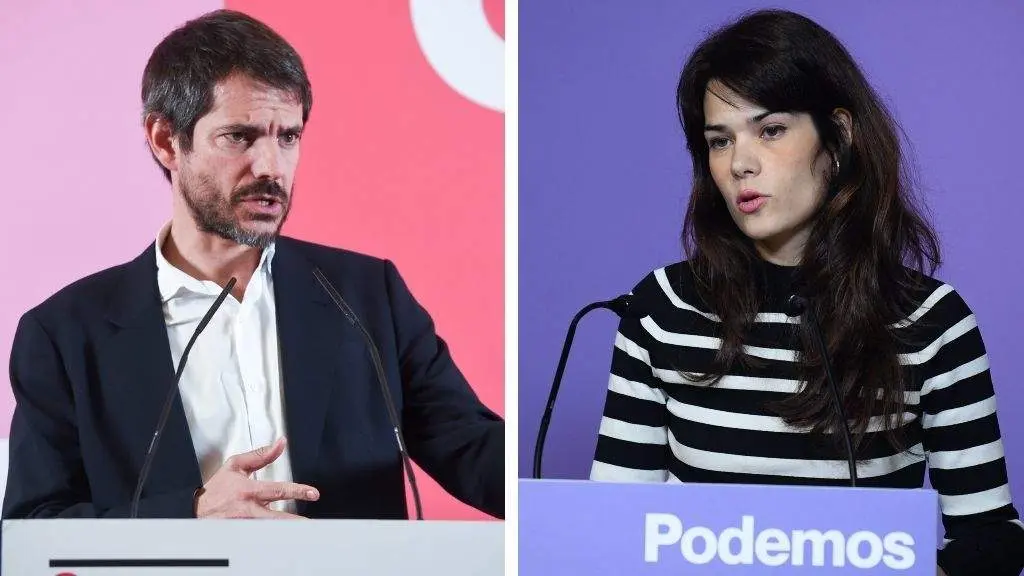 Ernest Urtasun, de Sumar, e Isa Serra, de Podemos, hoxe, en rolda de prensa. (Fotos: Gustavo Valiente e Fernando S&aacute;nchez / Europa Press)