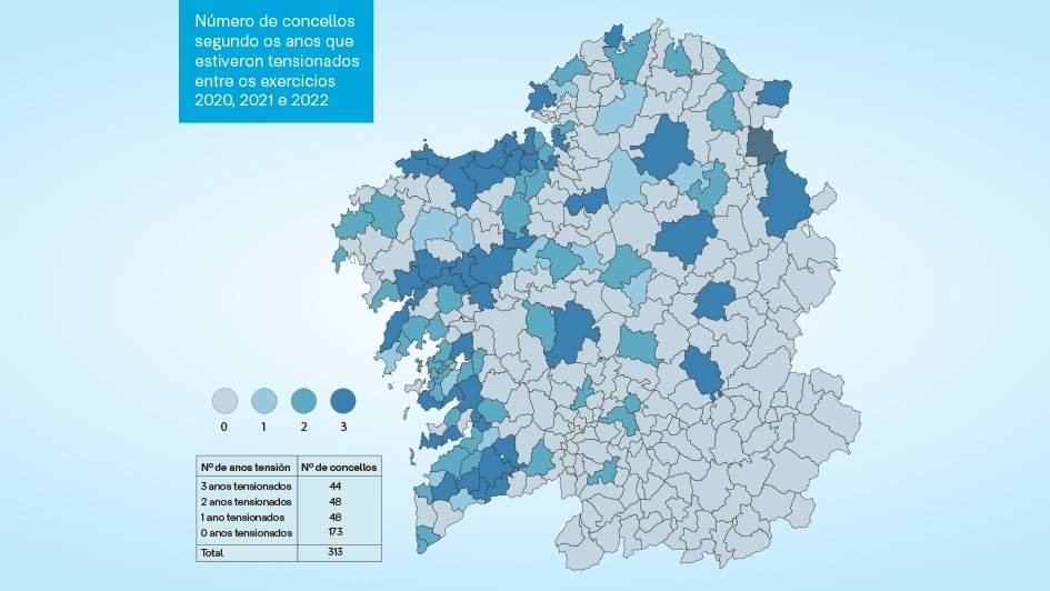 Concellos galegos segundo o número de anos nos que o seu mercado da vivenda estivo tensionado entre 2020, 2021 e 2022 (Mapa: IGVS / Nós Diario).