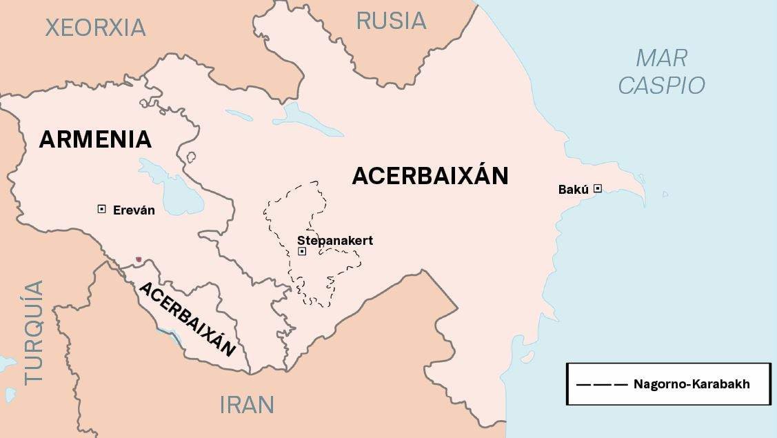 O territorio de Nagorno-Karabakh, no Cáucaso, foi integrado por completo en Acerbaixán. (Mapa: Nós Diario)
