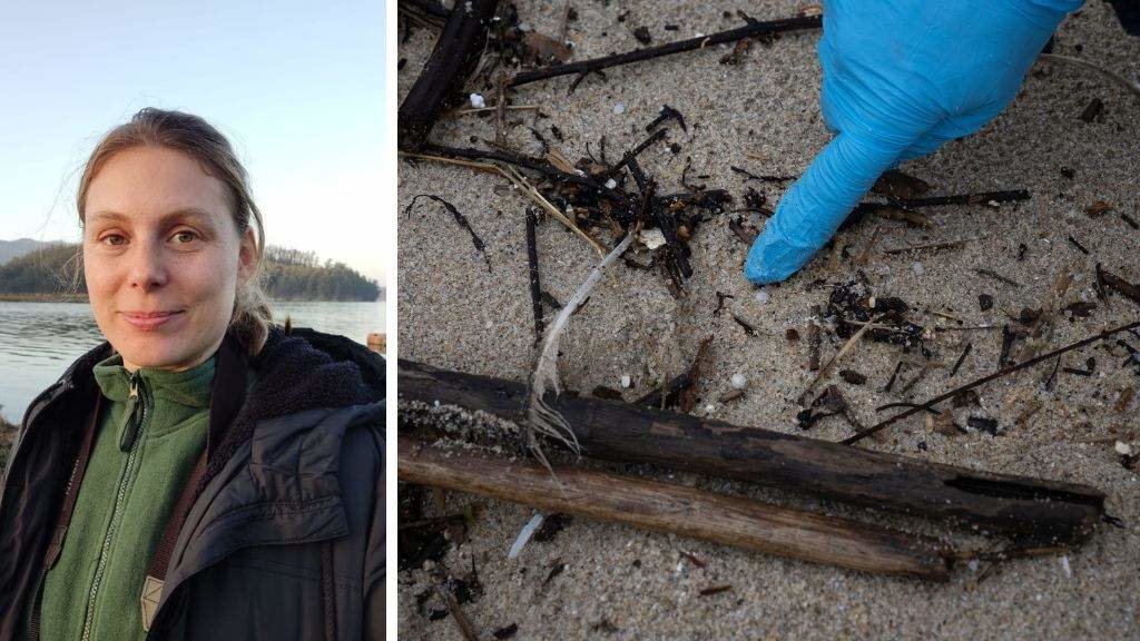 Á esquerda, Bibiana Lorenzo; á dereita, pellets de plástico localizados nunha praia galega esta semana. (Fotos: Nós Diario | Adrián Irago / Europa Press)