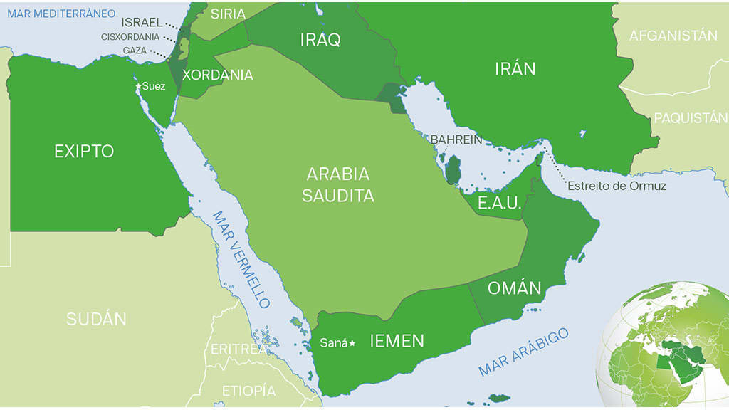 Mapa de Oriente Medio centrado na zona do mar Vermello (Gráfico: Nós Diario).