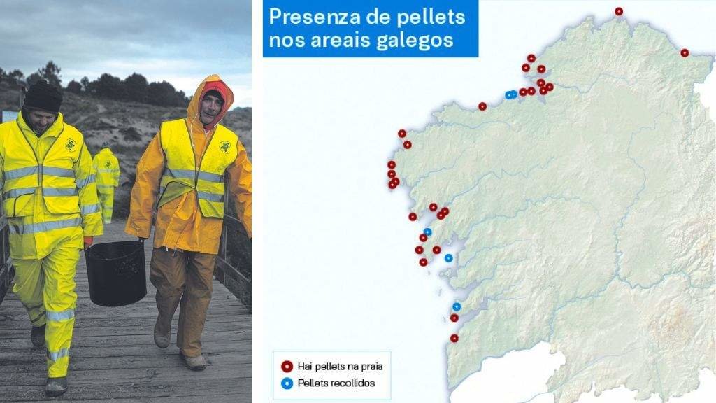 Á esquerda, persoal retirando microplásticos da praia de Area Maior, en Muros, unha das máis afectadas. Á dereita, mapa cos areais con presenza de pellets. (Foto: Europa Press)