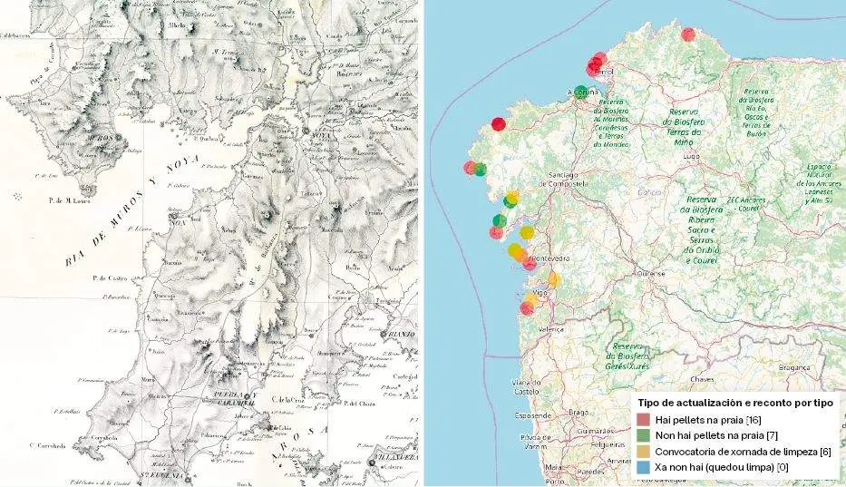 Noia na Carta Xeom&eacute;trica de Font&aacute;n (1834) e crise dos pellets no mapa de Noia Limpa (2024). [Fonte: Font&aacute;n / Noialimpa]