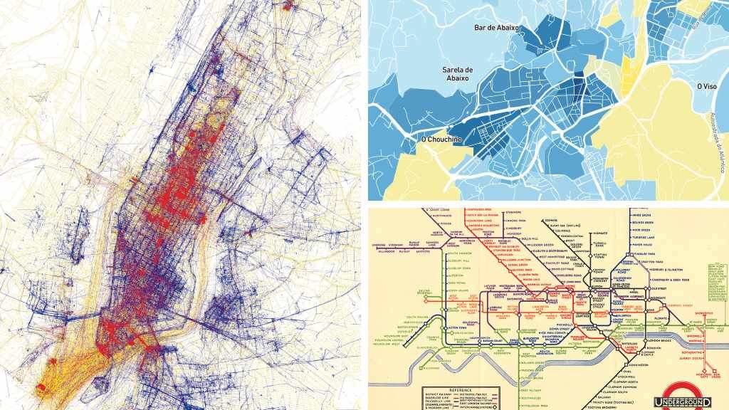"Locals and Tourist2, azuis e vermellos, fotos de N.Y. en 2010. Mapa dos niveis de renda en 2018 en Compostela. "London Underground" (1933), o metro como nunca  se contara. (Foto: Erica Fischer / INE / HC Beck)
