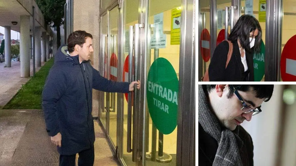 Alejandro L&oacute;pez e Tania Lombao, no momento en que &iacute;an acceder &aacute;s dependencias xudiciais para declararen. Anteriormente entrara, coa cabeza tapada, Xos&eacute; Pereira Fari&ntilde;a (na imaxe pequena, nunha foto de arquivo). [Fotos: Arxina]