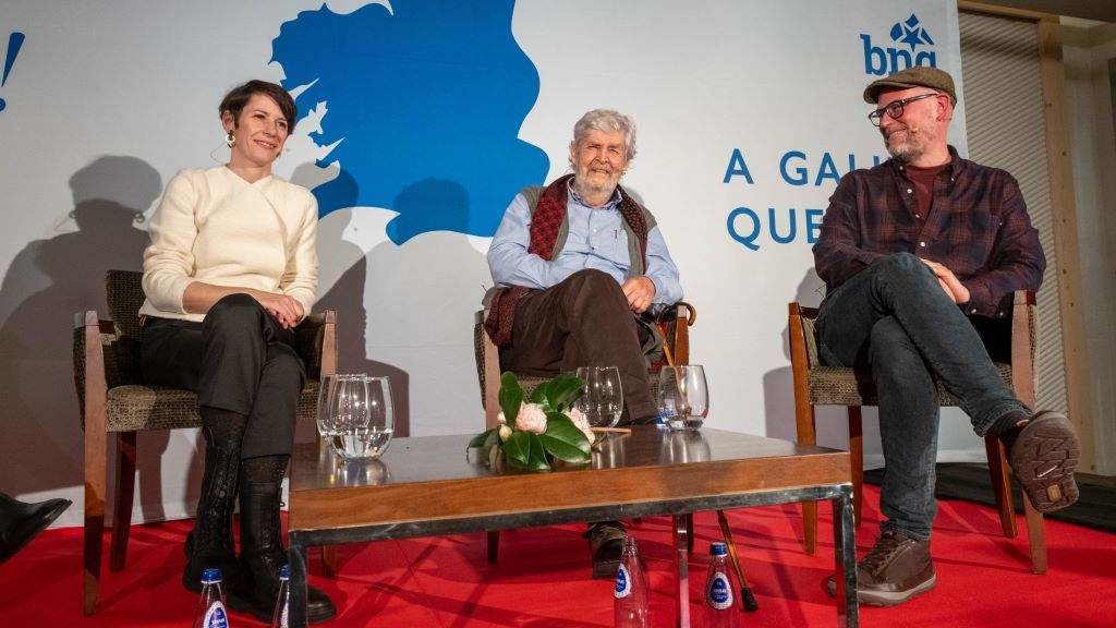 Ana Pontón, Xosé Manuel Beiras e Martiño Noriega, esta sexta feira, en Compostela. (Foto: César Arxina / Europa Press)