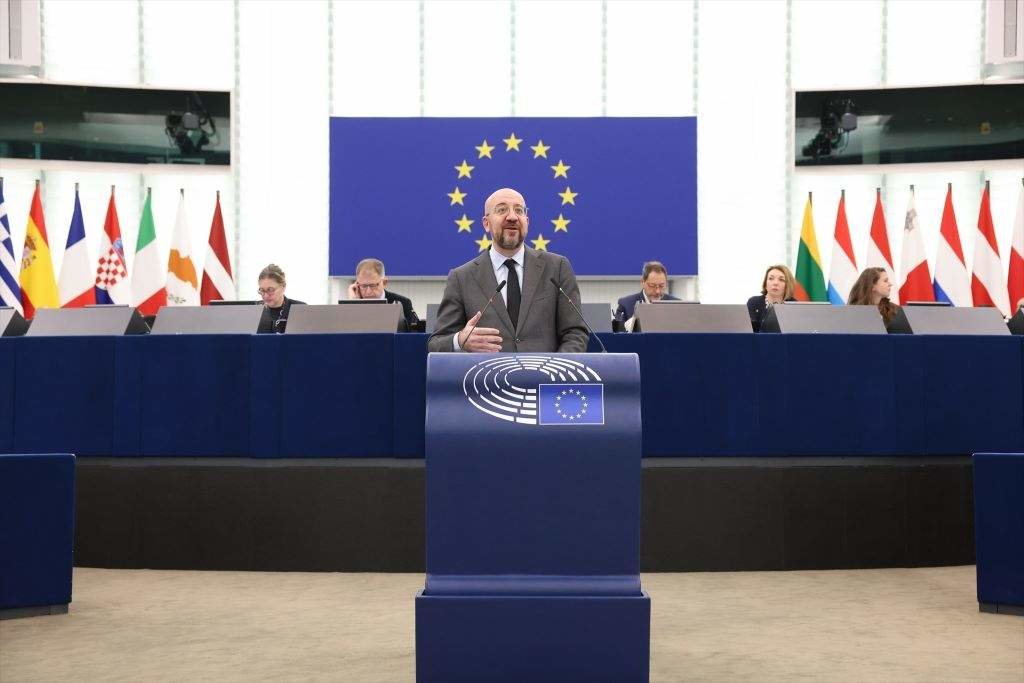 O presidente do Consello Europeo, Charles Michel, fala durante un debate sobre os resultados dos últimos cumios da UE. (Foto: Dario Pignatelli / European Council)