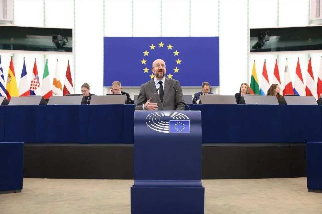 O presidente do Consello Europeo, Charles Michel, fala durante un debate sobre os resultados dos &uacute;ltimos cumios da UE. (Foto: Dario Pignatelli / European Council)