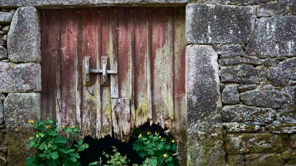 Porta de entrada dunha casa abandonada no lugar de Baínte, Vilamartín, comarca de Valdeorras. (Foto: Eduardo Accorinti).