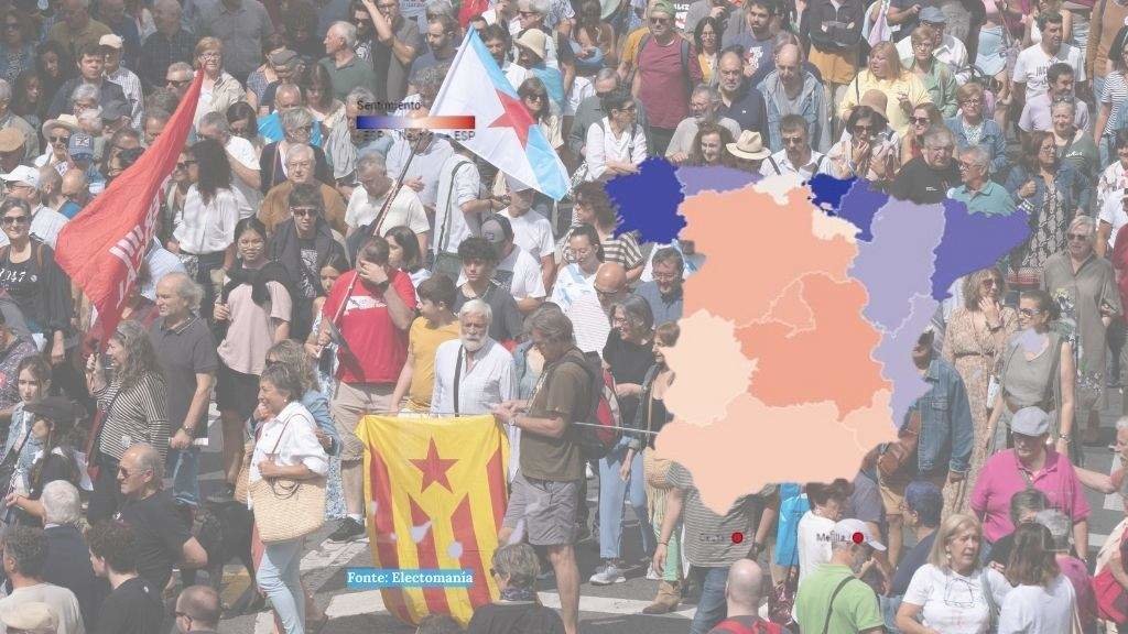 Manifestación do Día da Patria de 2023 co mapa de 'Electomanía' superposto. (Foto: Arxina / Fonte dos datos: EM-Analytics)