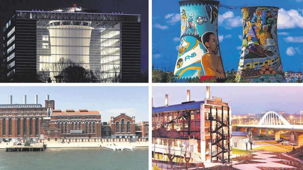 Sede central de Pirelli, Milán; torres de Soweto, Johanesburgo; Museo da Electricidade de Lisboa e A Fábrica de Luz, Ponferrada. (Foto: Nós Diario).
