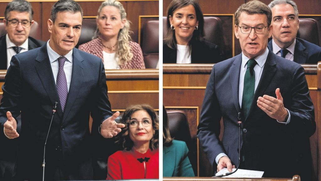 Pedro Sánchez e Alberto Núñez Feixoo durante a sesión de control ao Goberno no Congreso a pasada cuarta feira. (Foto: A. Pérez Meca / Europa Press).