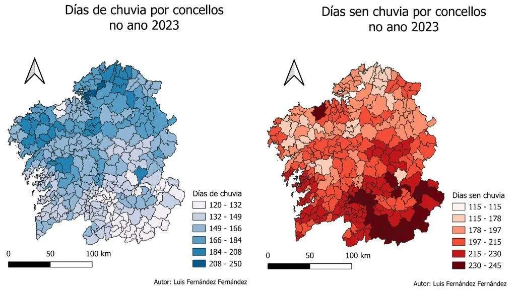 D&iacute;as con e sen chuvia en 2023. (Autor: Lu&iacute;s Fern&aacute;ndez)