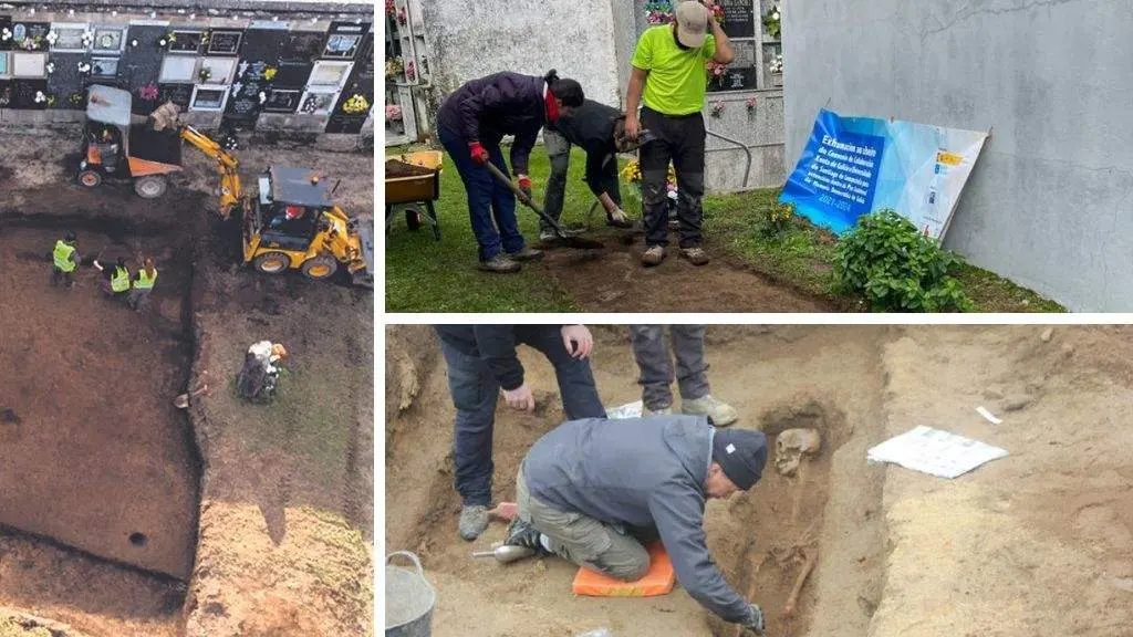 &Aacute; esquerda, escavaci&oacute;n dunha fosa com&uacute;n no cemiterio de Rubi&aacute;ns, en Vilagarc&iacute;a de Arousa; &aacute; dereita, de arriba a abaixo, traballos de exhumaci&oacute;n de fosas en Oza-Cesuras e Crecente. (Fotos: Histagra)