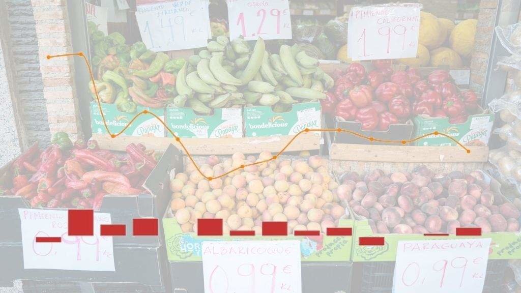 Evolución anual e mensual do IPC estatal sobre unha imaxe dunha froitaría. (Foto: A. Pérez Meca / Europa Press)