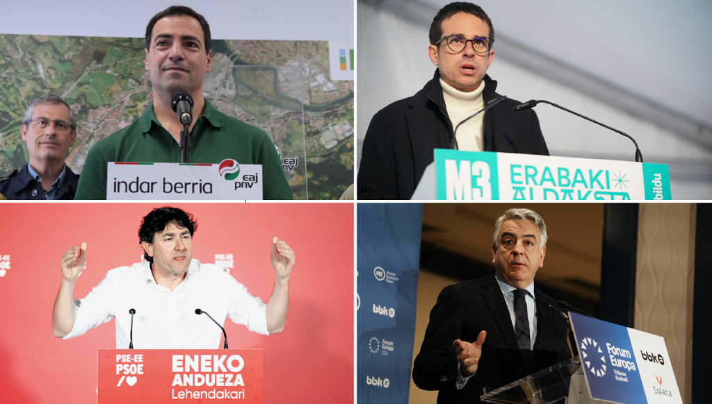 De esquerda a dereita e de arriba a abaixo: O candidato do PNV, Imanol Pradales; EH Bildu, Pello Otxandiano; PSOE, Eneko Andueza, e PP, Javier de Andrés. (Foto: Europa Press)