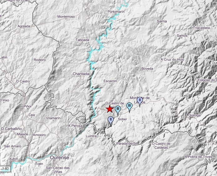 Detalle do epicentro do sismo detectado en Pantón (Terra de Lemos). (Foto: INX).
