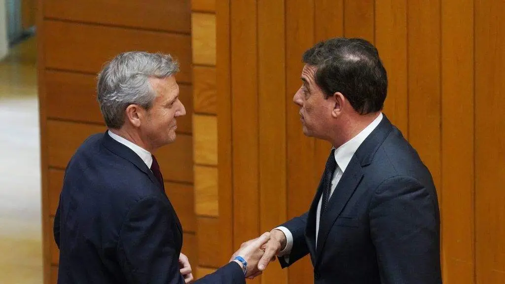 Alfonso Rueda e Jos&eacute; Ram&oacute;n G&oacute;mez Besterio, esta quinta feira, no Parlamento. (Foto: &Aacute;lvaro Ballesteros / Europa Press)