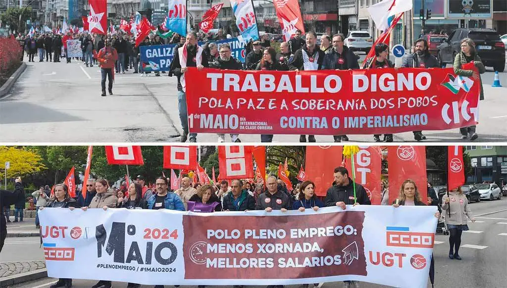 Manifestaci&oacute;ns polo 1 de maio na Coru&ntilde;a. Arriba, a realizada pola CIG e, abaixo, a que convocou UXT e CCOO (Foto: N&oacute;s Diario).