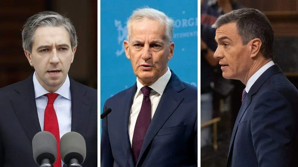 Os primeiros ministros de Irlanda, Simon Harris; Noruega, Jonas Gahr St&oslash;re, e Espa&ntilde;a, Pedro S&aacute;nchez. (Fotos: Europa Press)