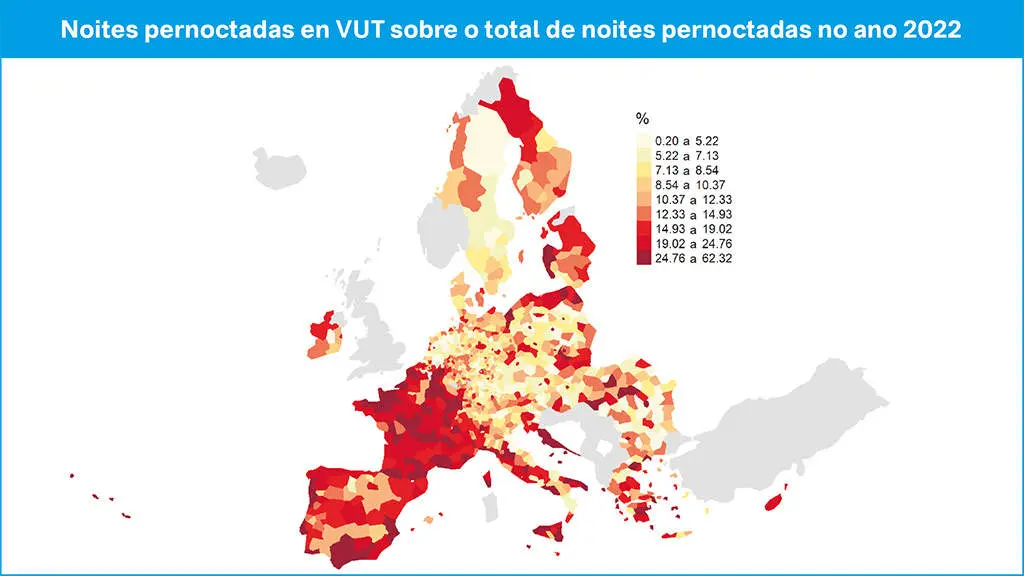 As vivendas de uso tur&iacute;stico (VUT) representan na Galiza 22,73% sobre a oferta total de aloxamento. (Foto: elaboraci&oacute;n do autor / Eurostat).