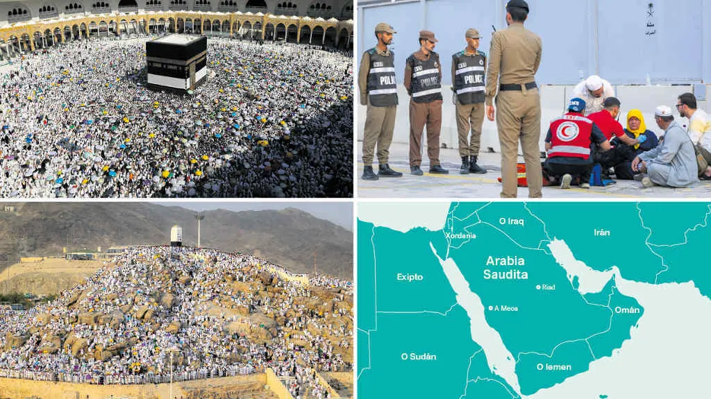 No sentido das agullas do reloxo: Voltas &aacute; Kaaba, unha peregrina atendida na Meca, mapa de Arabia Saudita coa localizaci&oacute;n da cidade e ritual no monte Arafat. (Imaxe: Axencia Saudita de Prensa / DPA v&iacute;a Europa Press / N&oacute;s Diario)