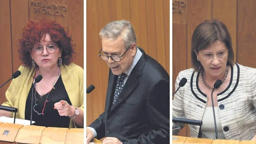 Montse Prado (BNG), o conselleiro de Sanidade, Antonio Garc&iacute;a Caama&ntilde;o; e Elena Espinosa (PSdeG). [Fotos: Parlamento da Galiza / Xunta da Galiza / N&oacute;s Diario]