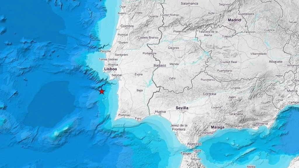 Localizaci&oacute;n do epicentro do sismo rexistrado na ma&ntilde;&aacute; desta segunda feira ao sur de Lisboa. (Foto: IXN)