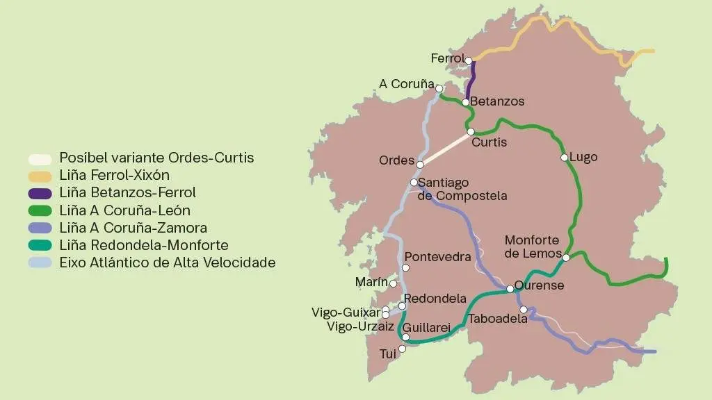 Un viario entre Ordes e Curtis permitir&iacute;a conectar Compostela e Lugo nuns 45 minutos. (Mapa: N&oacute;s Diario)