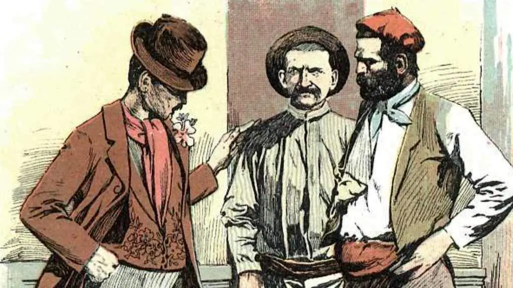 Estereotipo de inmigrantes (porte&ntilde;o, italiano e galego) nun debuxo de Gim&eacute;nez na revista arxentina 'Caras y Caretas' en 1900.