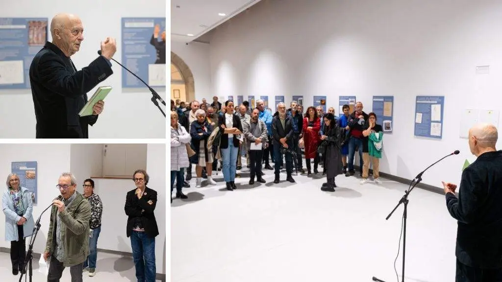 &Aacute; dereita, arriba, Francisco Rodr&iacute;guez; abaixo, Anxo Louzao. &Aacute; esquerda, intervenci&oacute;n de Rodr&iacute;guez ante as persoas que asistiron esta cuarta feira &aacute; inaguraci&oacute;n da mostra. (Fotos: Arxina)